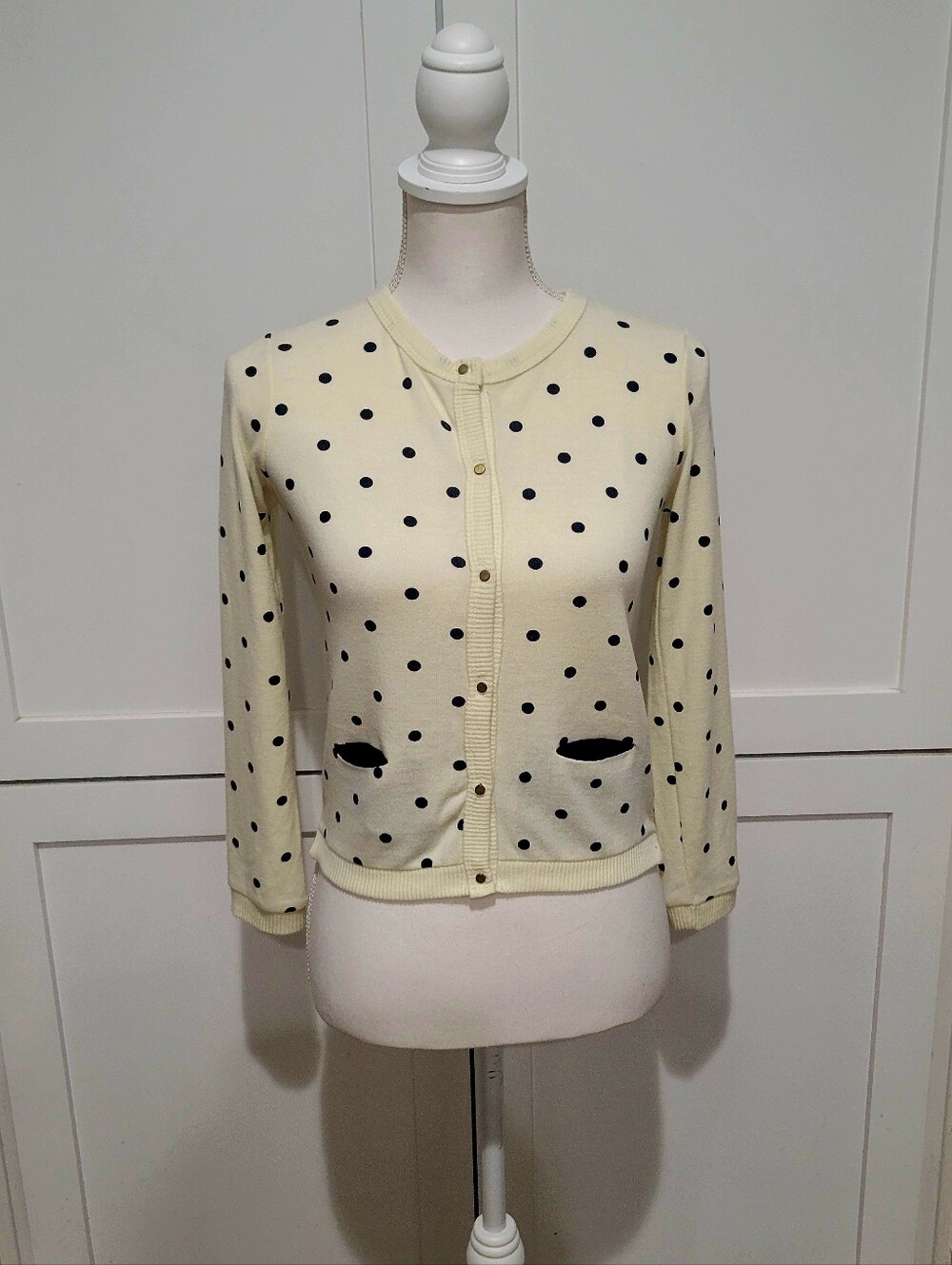 Poof Girl Cotton Blend Cream & Navy Polka Dot Cardigan Sweater | Girls Size 14